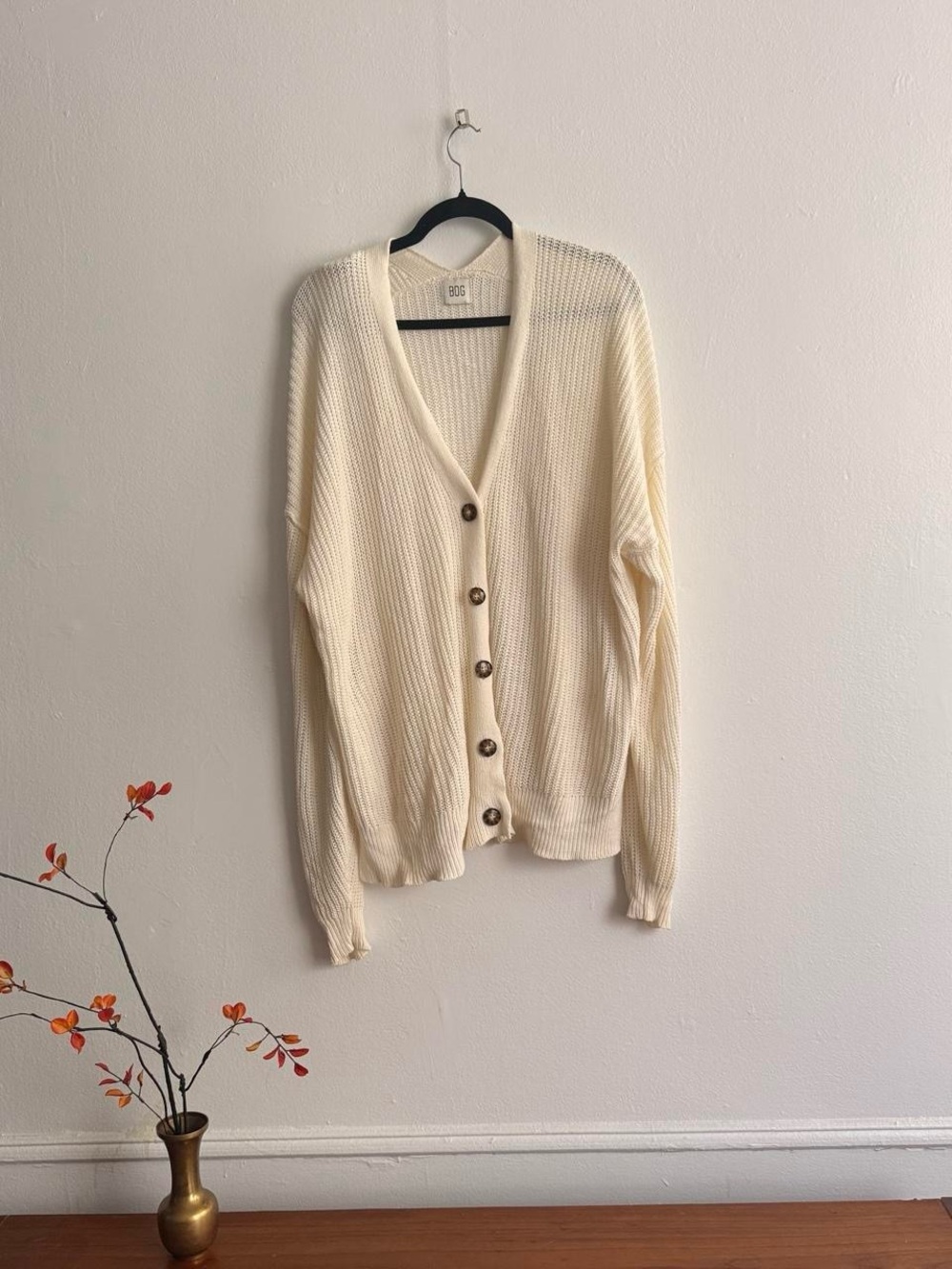 Cream Ribbed V-Neck Button Cardigan Sweater